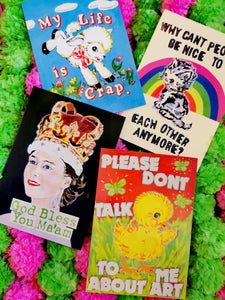 Our fave Kween of Kitsch artist Magda Archer pack of 4 cards. Send a bit of clever eye joy to those who you love!!

Set of 4 cards of different designs 

17cm x 12cm

