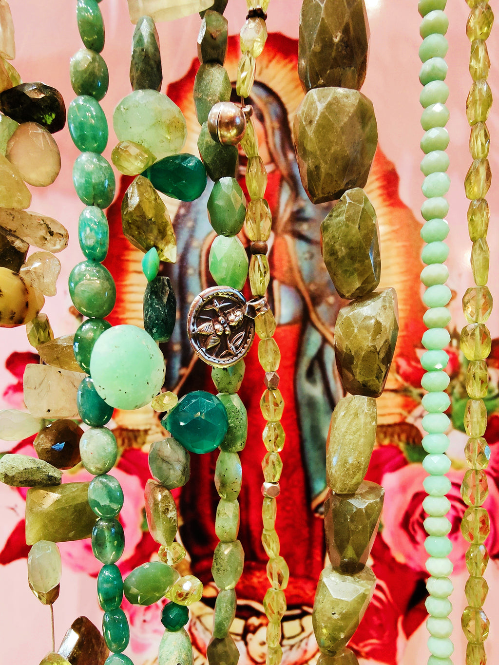 Gorgeous green precious and semi-precious stone bead necklaces hand cut in India.

Emeralds,peridot,onyx, chalcedony, chrysoprase,moss agate,all our favourite fresh and earthy greens.

Necklaces threaded on tiger tail, by us here at Blackout and finished with silver findings. 

