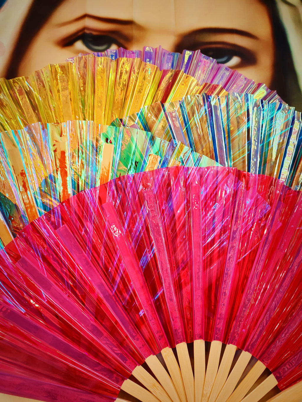 Big, glowing, beautiful iridescent fans,for dancing, parties, festivals and glam menopause moments!!

Also make fabulous display pieces on walls or shelves

Beautifully made from bamboo and iridescent plastic

 60cm x 34cm when open. 

