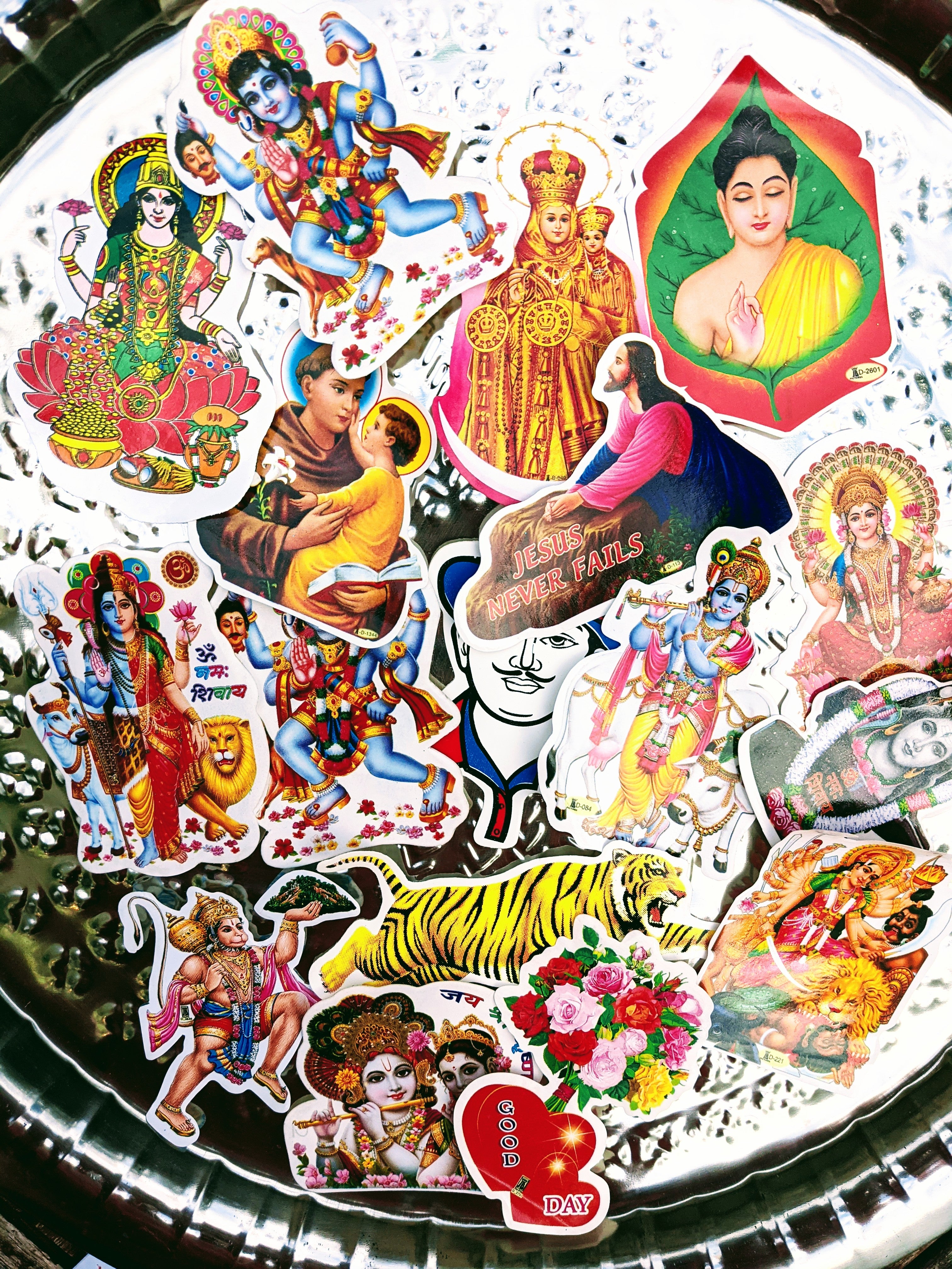  Fantastic indian god/religious sticker set  These super glam stickers come in a random set of 10 sheets.  Absolutely perfect for those christmas crackers  Approx 4 x 3 cm