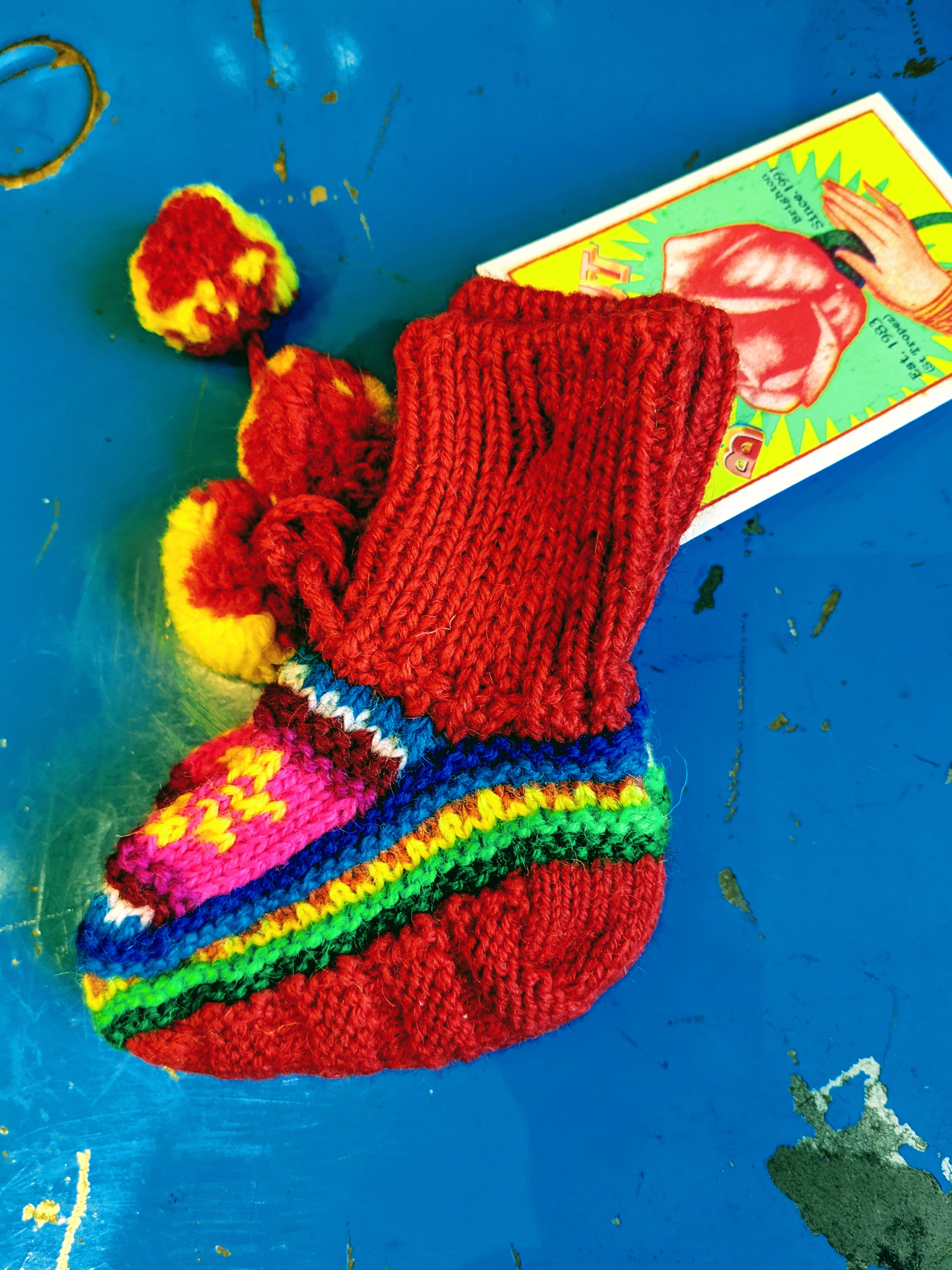 Super bright Peruvian kids booties.  These super stretchy Peruvian kids booties are perfect for keeping the kids feet toasty warm all winter and very fashionable in the warmer months too!!  6 - 18 months  Acrylic hand or machine wash.