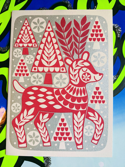 Super gorgeous Reindeer christmas card.  We think these fabulous cards count as a present too, and look great framed up.  single card  Dimensions 15 x 10.5 cm