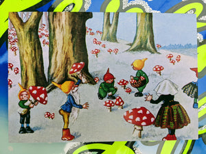 Cute gnomes picking polkadot mushrooms christmas card  Super kitsch   We think these fabulous cards look great framed up too.  single card  Dimensions 12 x 18 cm
