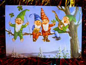 Cheeky christmas gnomes singing carols   We think these fabulous cards count as a present too, and look great framed up.  single card  Dimensions 12 x 18 cm
