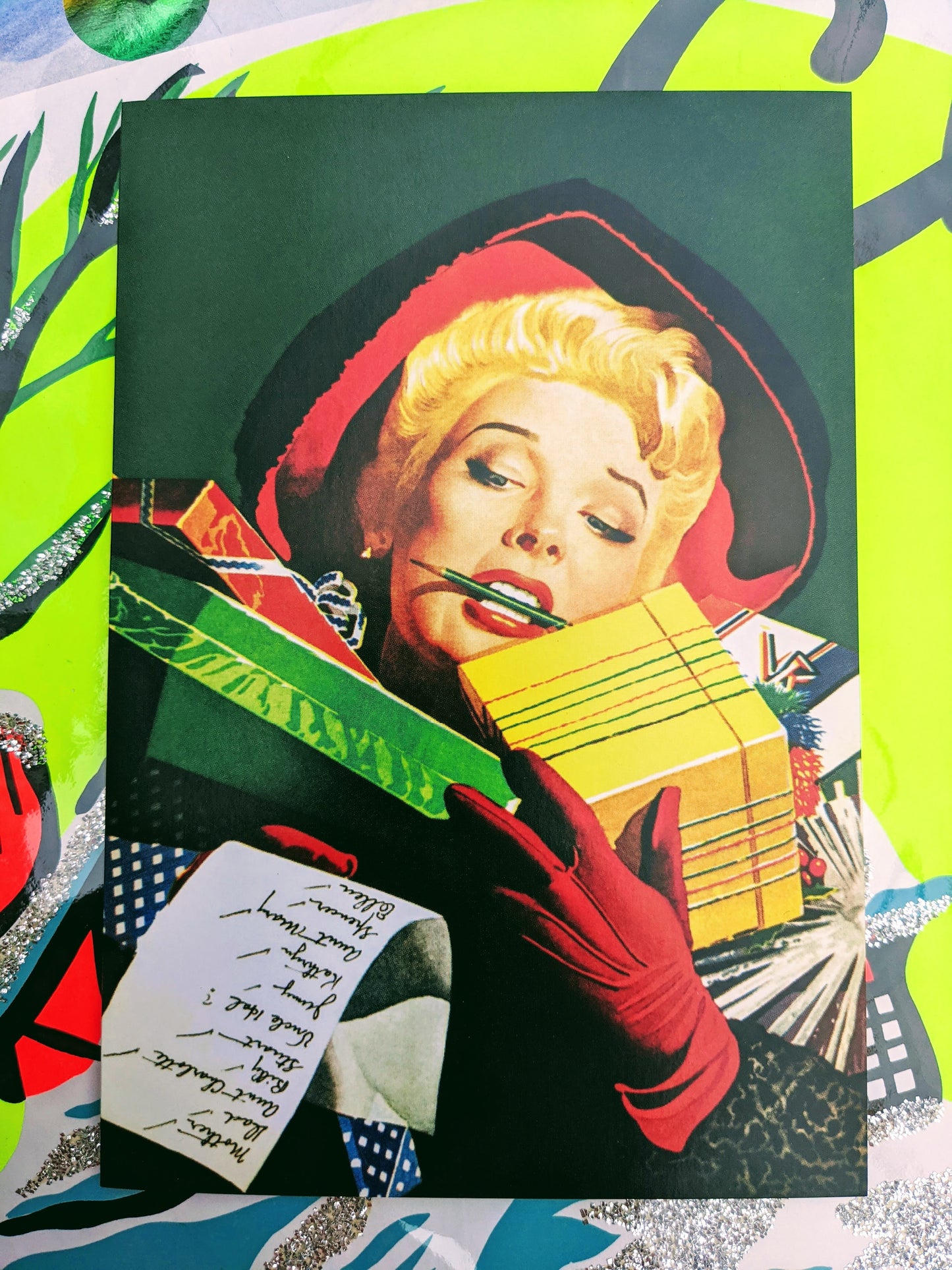 Movie star on a christmas mission.   Super kitsch christmas card  We think these fabulous cards look great framed up too.  single card  Dimensions 12 x 18 cm